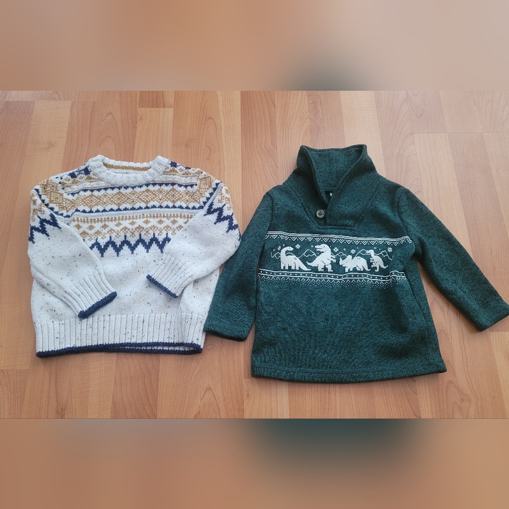 Cat & Jack Boys Size 12 Months Knit Sweater White Green Holiday Christmas Dinos